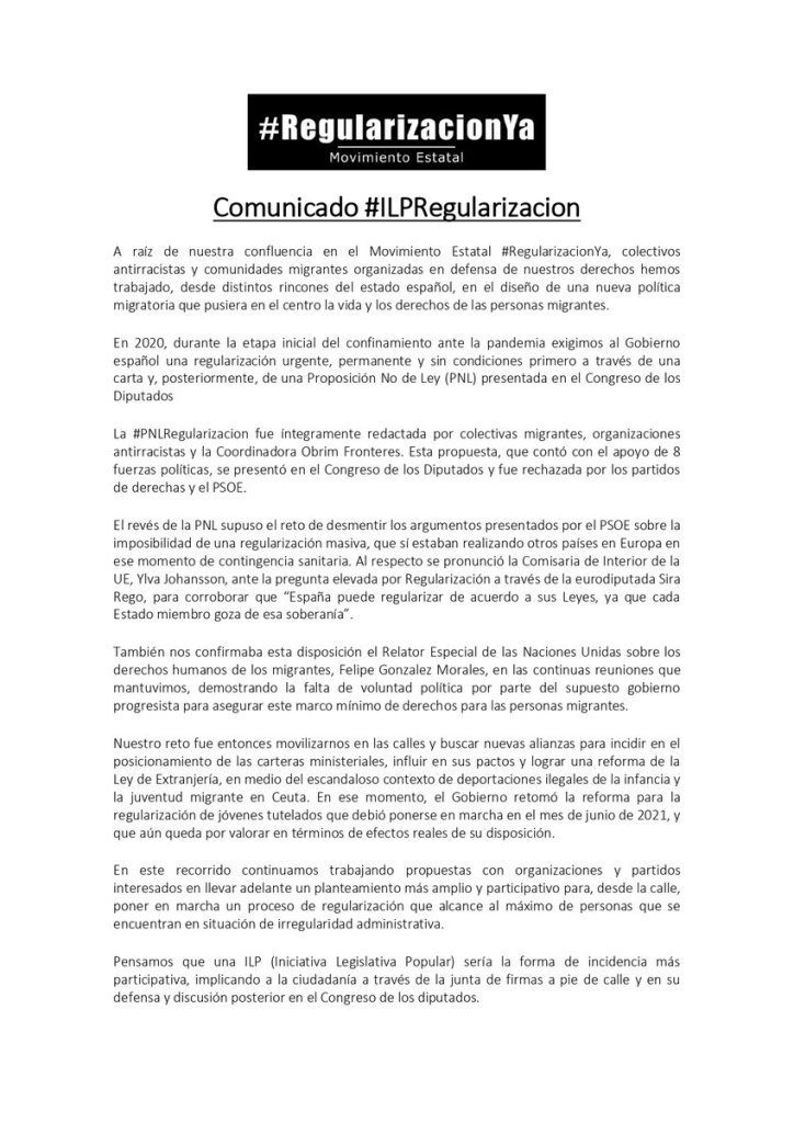 COMUNICADO #RegularizaciónYa: "Anunciamos el lanzamiento de nuestra ILPRegularizacion"