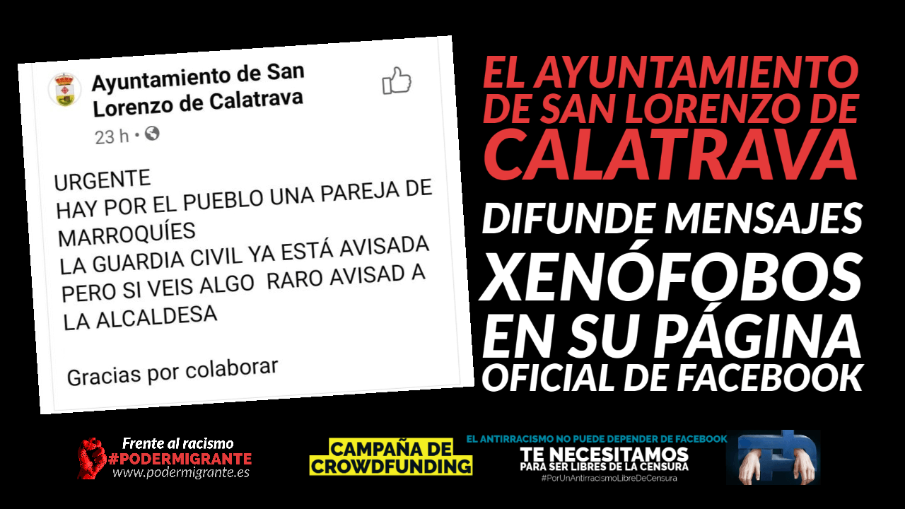 EL AYUNTAMIENTO DE SAN LORENZO DE CALATRAVA DIFUNDE MENSAJES XENÓFOBOS EN SU PÁGINA OFICIAL DE FACEBOOK